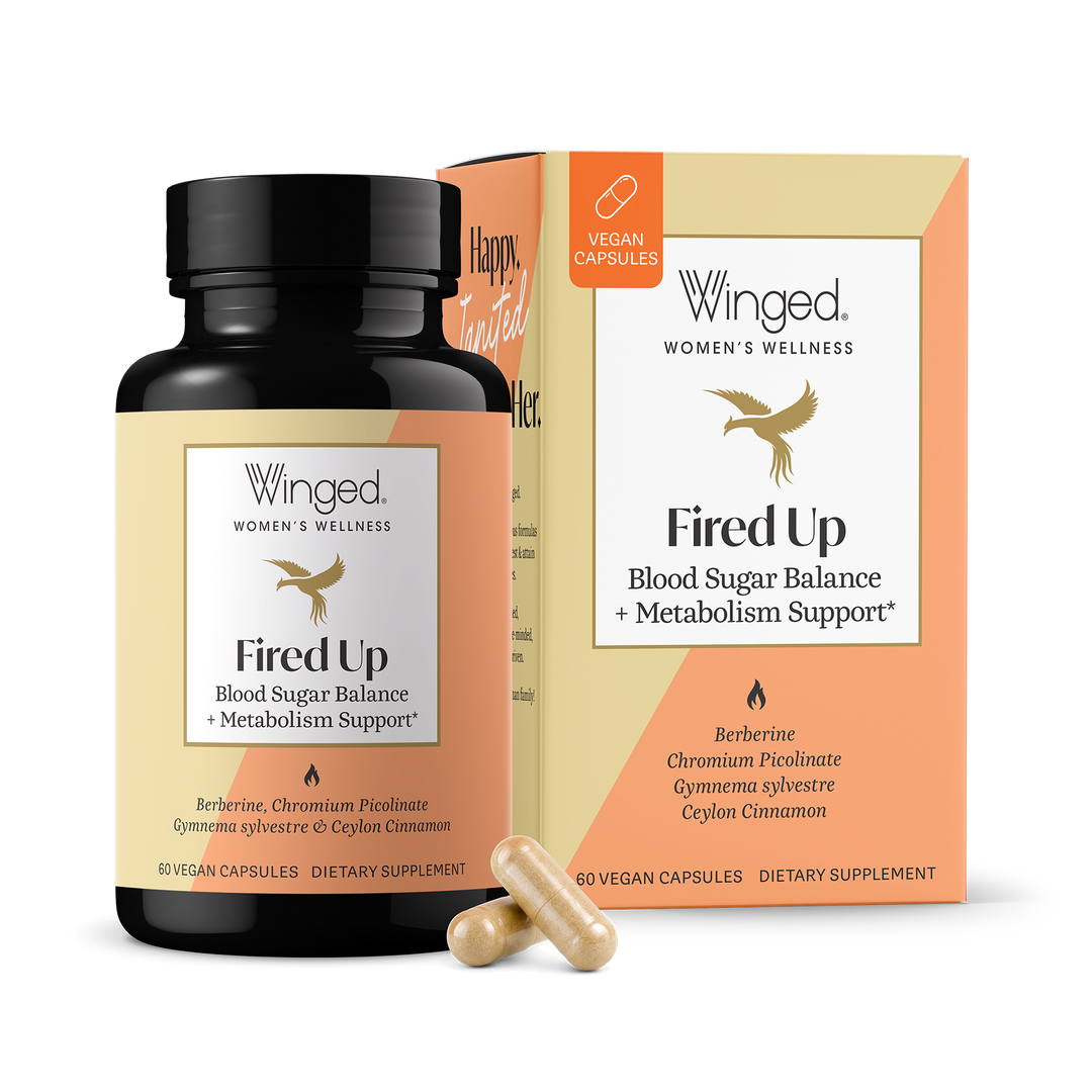 Winged Fired Up Blood Sugar Balance + Metabolism Support, bottle and box with 60 vegan capsules