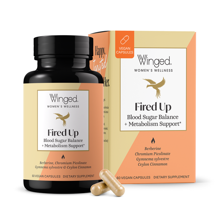 Winged Fired Up Blood Sugar Balance + Metabolism Support, bottle and box with 60 vegan capsules