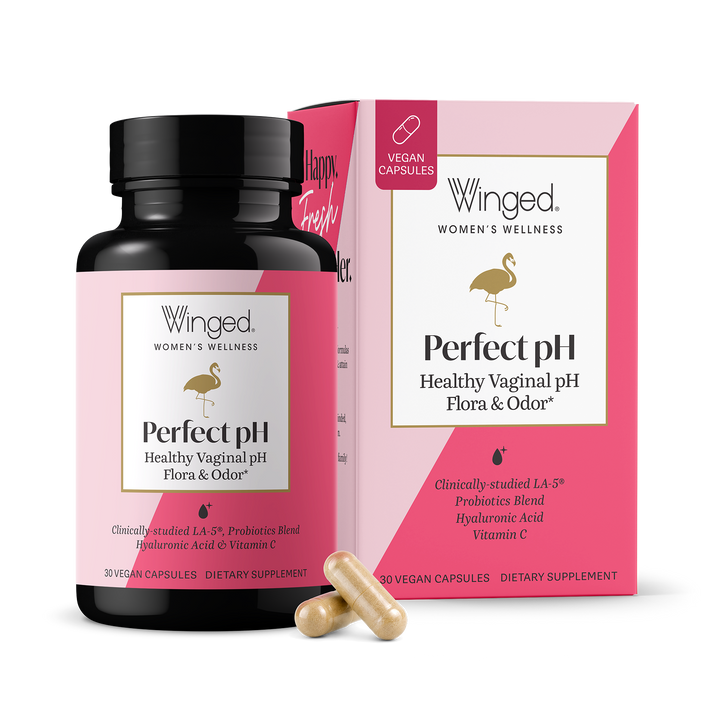Winged Perfect pH Healthy Vaginal pH, Flora & Odor support, bottle and box with 30 vegan capsules