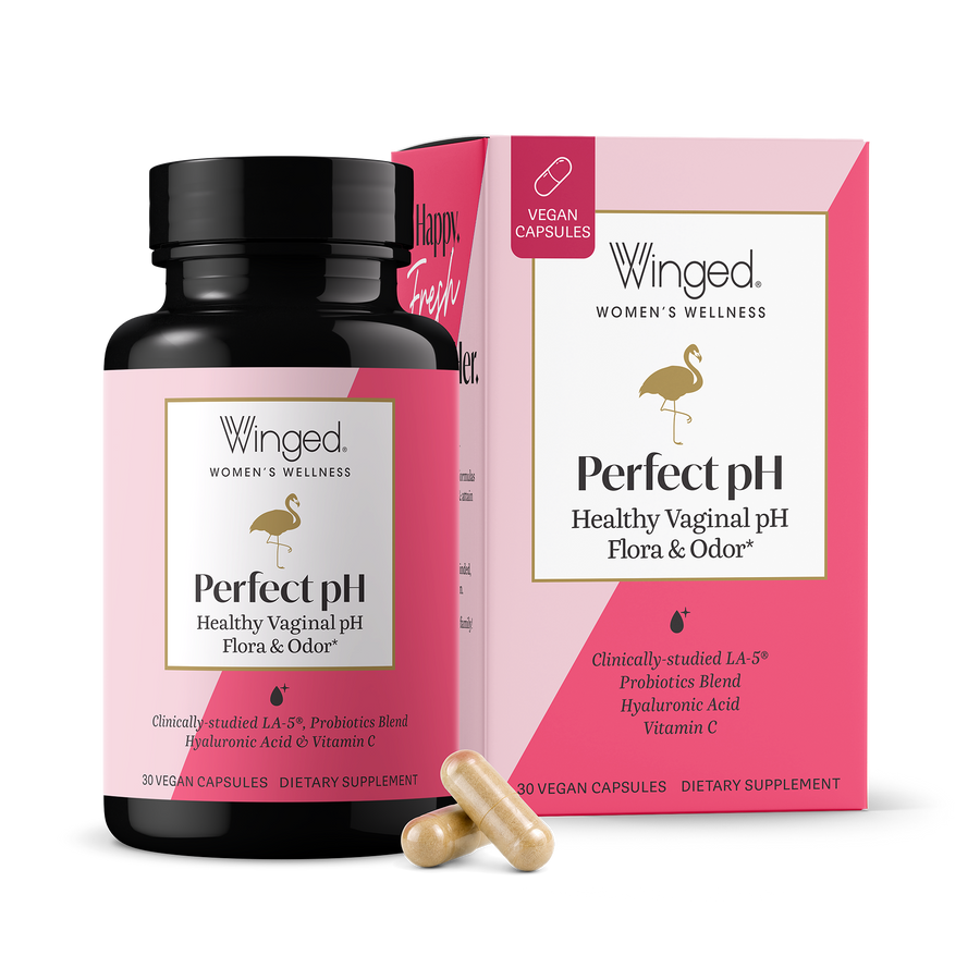 Winged Perfect pH Healthy Vaginal pH, Flora & Odor support, bottle and box with 30 vegan capsules