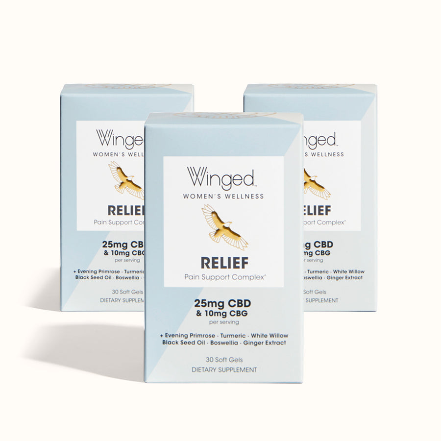 Winged Women's Relief Pain Support CBD Soft Gels - 3 Pack of 30 Softgel Bottles - 25mg CBD, 10mg CBG per gel 
